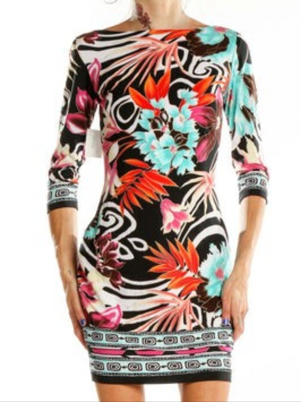 Cache colorful dress features a vibrant tropical floral pattern,3/4 Sleeves Sz 0